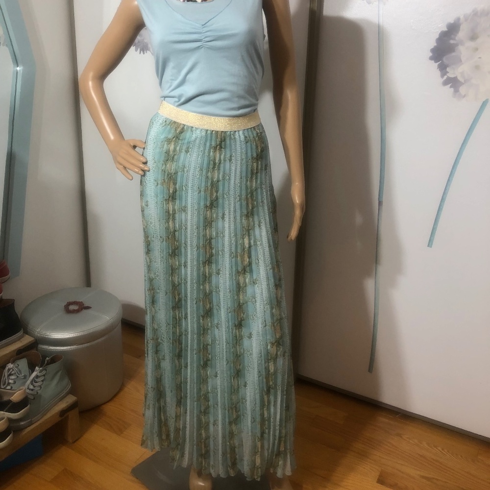 Pleated blue long skirt.